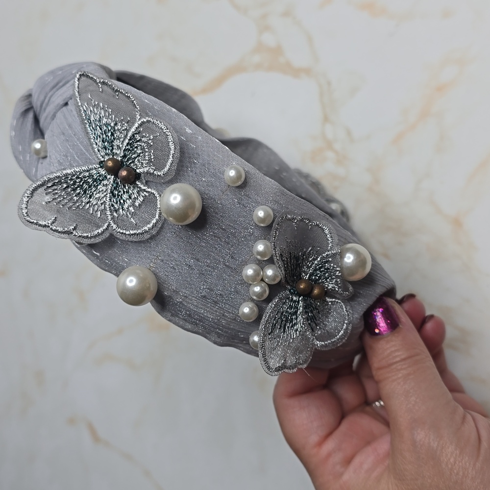 Gray Pearl And Butterfly Embellished Headband